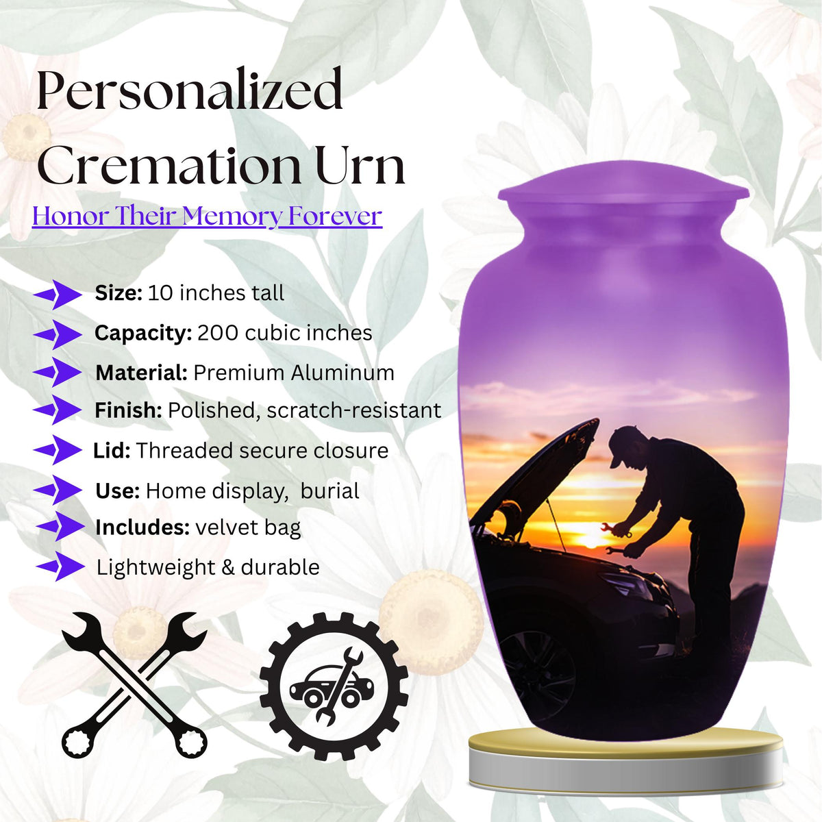 mechanic purple sunset cremation urn for human ashes, handmade aluminum memorial urn – photo 2
