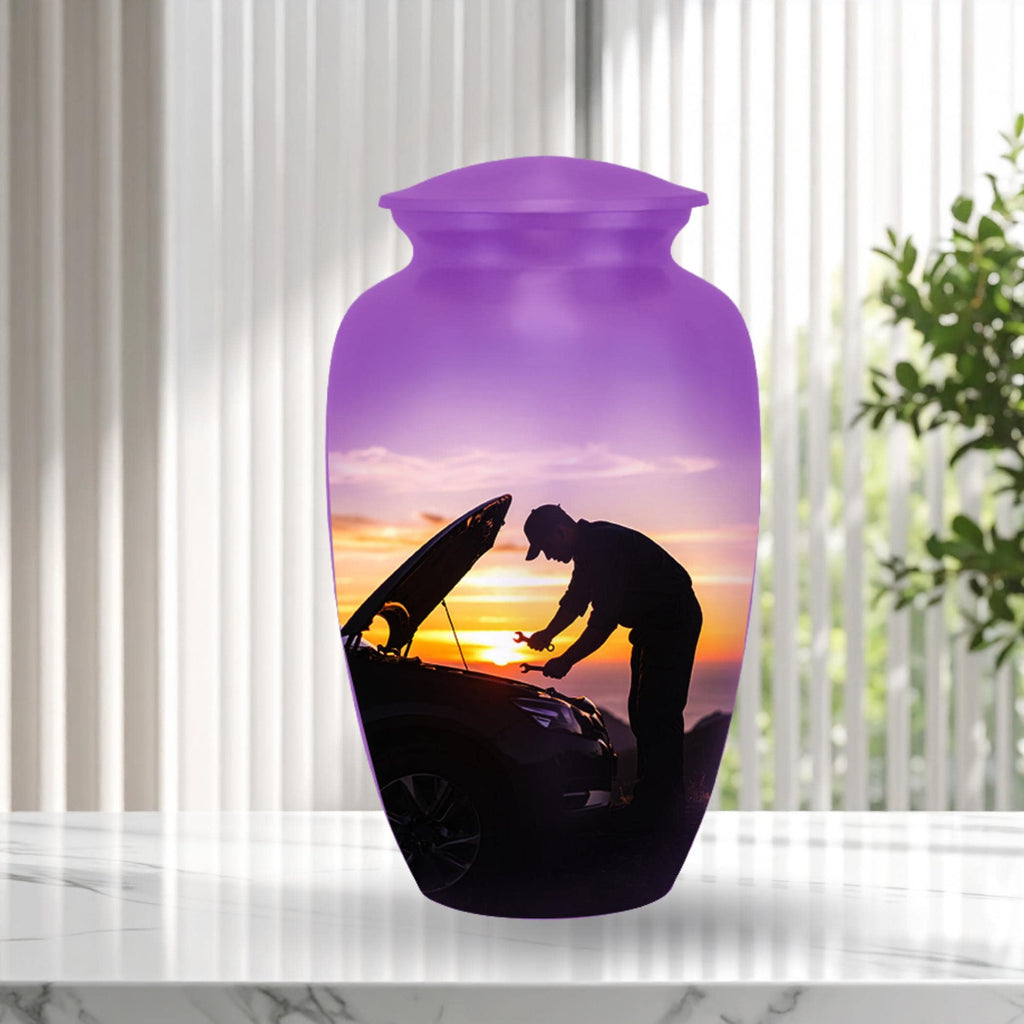 mechanic purple sunset cremation urn for human ashes, handmade aluminum memorial urn – photo 3