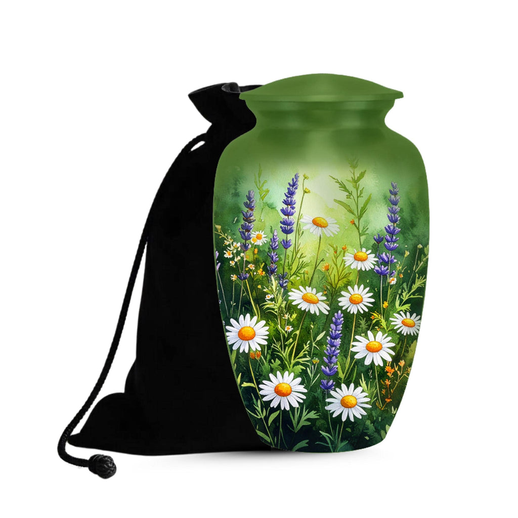 green wildflower floral cremation urn for human ashes, handmade aluminum memorial urn – photo 7