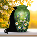 green wildflower floral cremation urn for human ashes, handmade aluminum memorial urn – photo 6