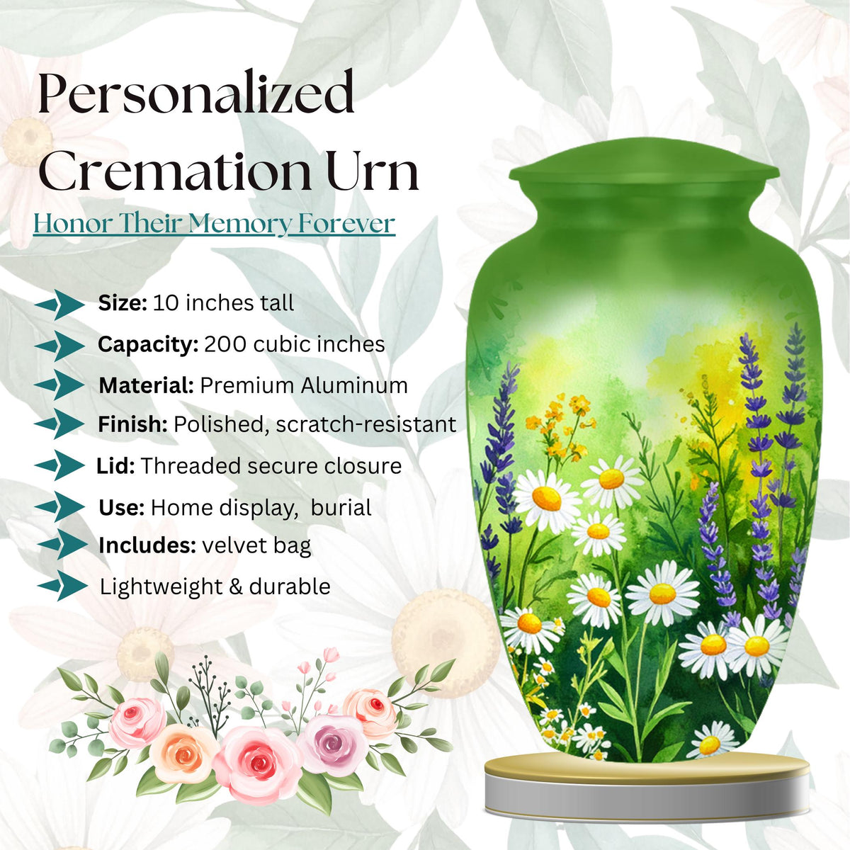 green wildflower floral cremation urn for human ashes, handmade aluminum memorial urn – photo 2