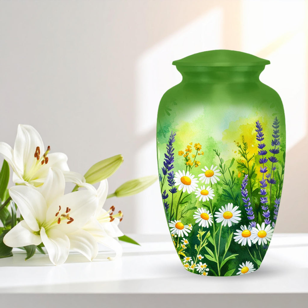 green wildflower floral cremation urn for human ashes, handmade aluminum memorial urn – photo 3