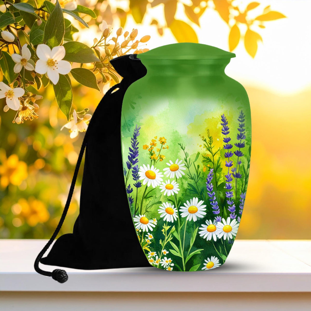 green wildflower floral cremation urn for human ashes, handmade aluminum memorial urn – photo 1