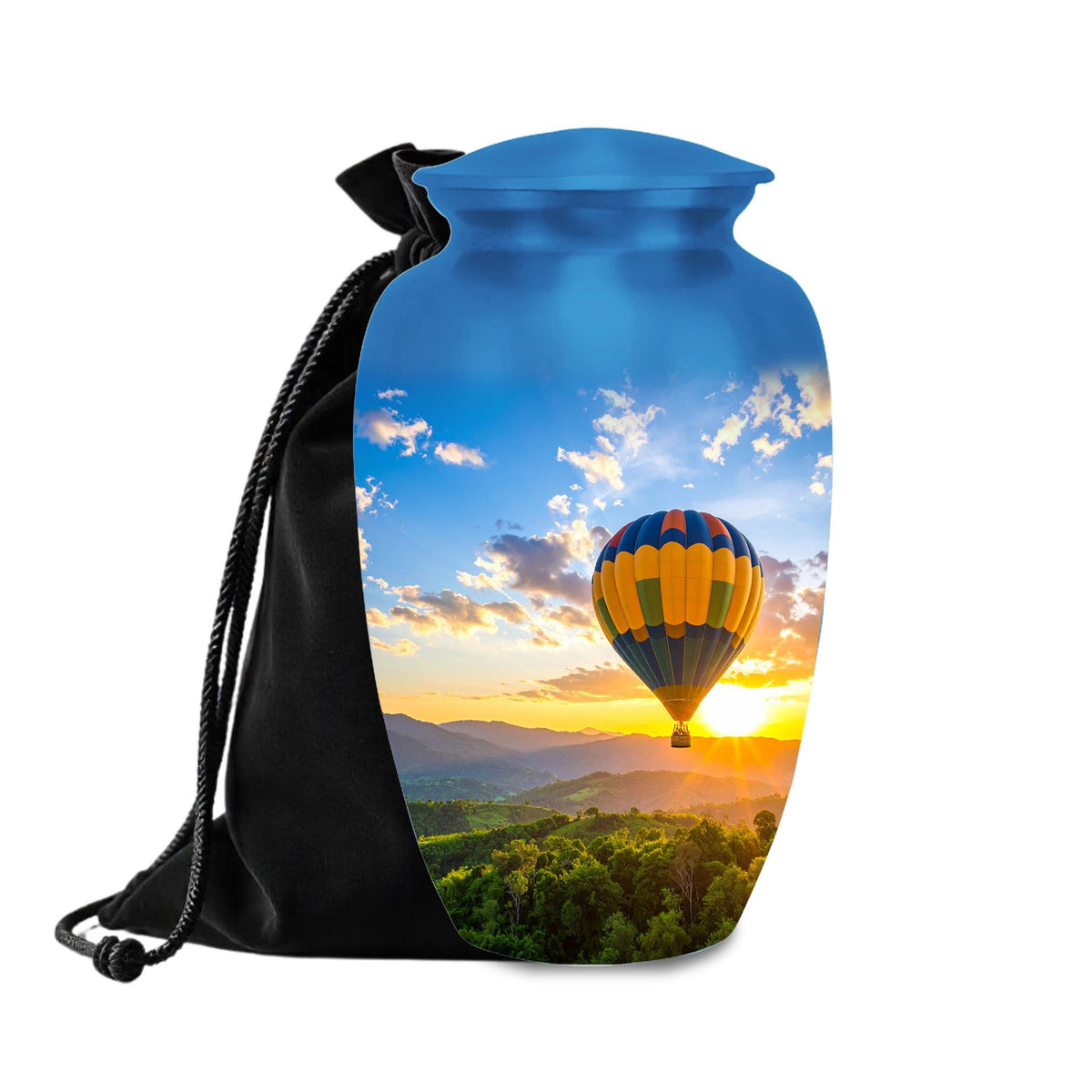 hot air balloon sunset cremation urn for human ashes, handmade aluminum memorial urn – photo 1