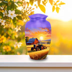 tractor sunset farm cremation urn for human ashes, handmade aluminum memorial urn – photo 2
