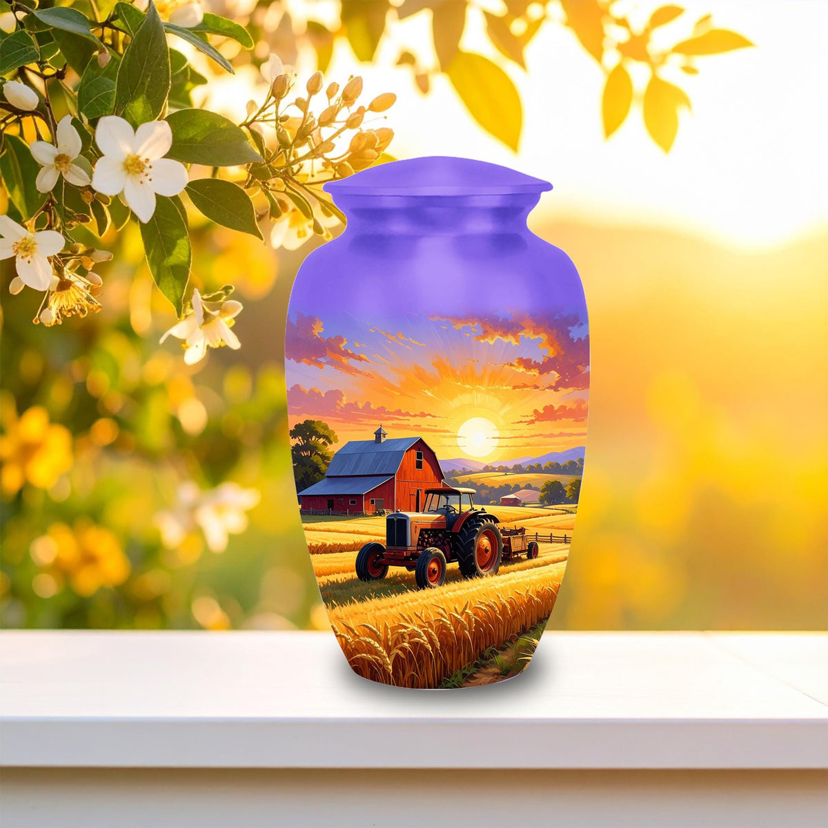 tractor sunset farm cremation urn for human ashes, handmade aluminum memorial urn – photo 2