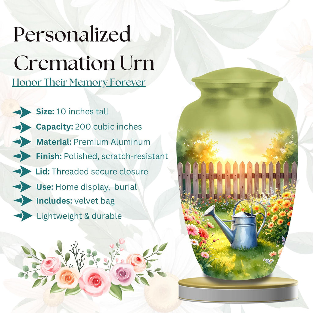 floral garden cremation urn for human ashes, handmade aluminum memorial urn – photo 3