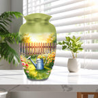 floral garden cremation urn for human ashes, handmade aluminum memorial urn – photo 1