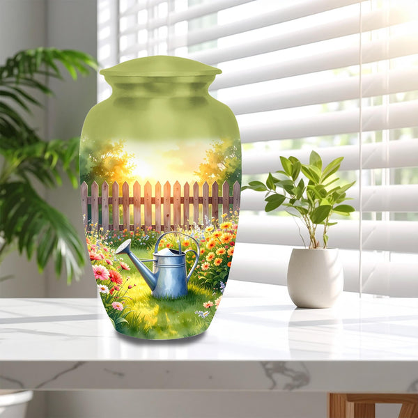 floral garden cremation urn for human ashes, handmade aluminum memorial urn – photo 1