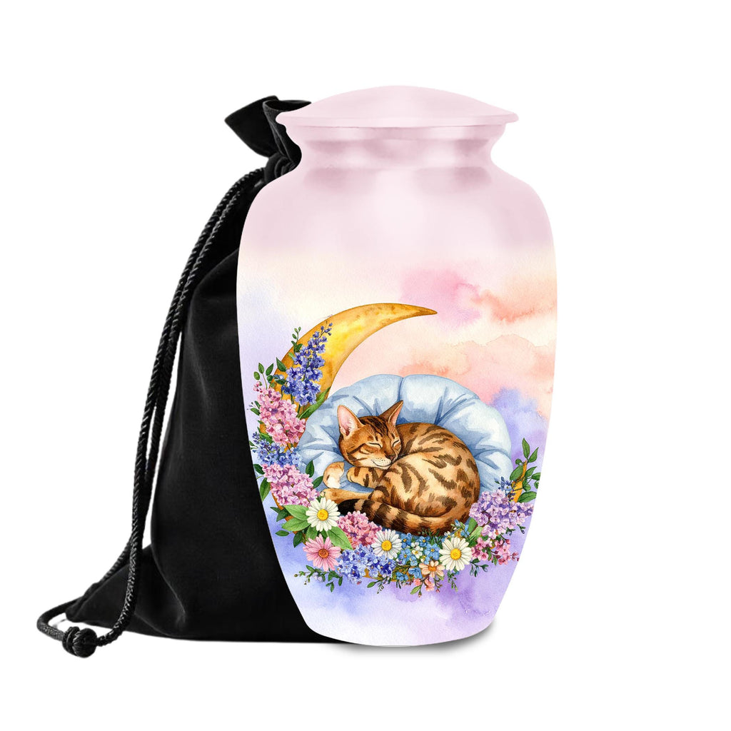 sleeping bengal cat floral moon cremation urn for pet ashes, handmade aluminum memorial urn – photo 1