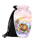 sleeping bengal cat floral moon cremation urn for pet ashes, handmade aluminum memorial urn – photo 1
