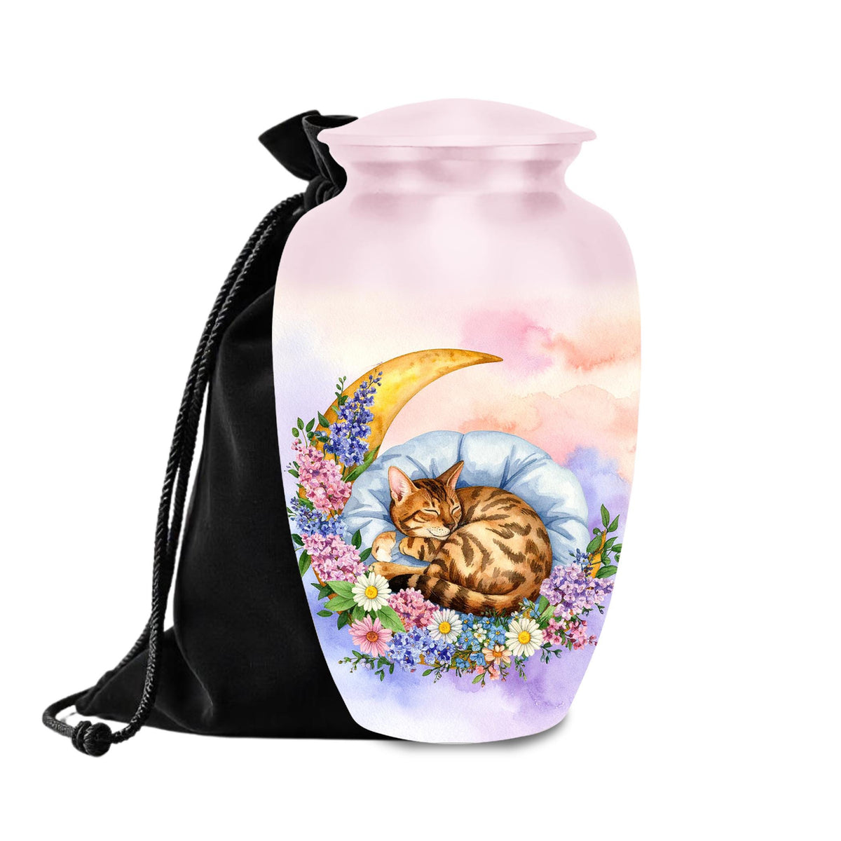 sleeping bengal cat floral moon cremation urn for pet ashes, handmade aluminum memorial urn – photo 1