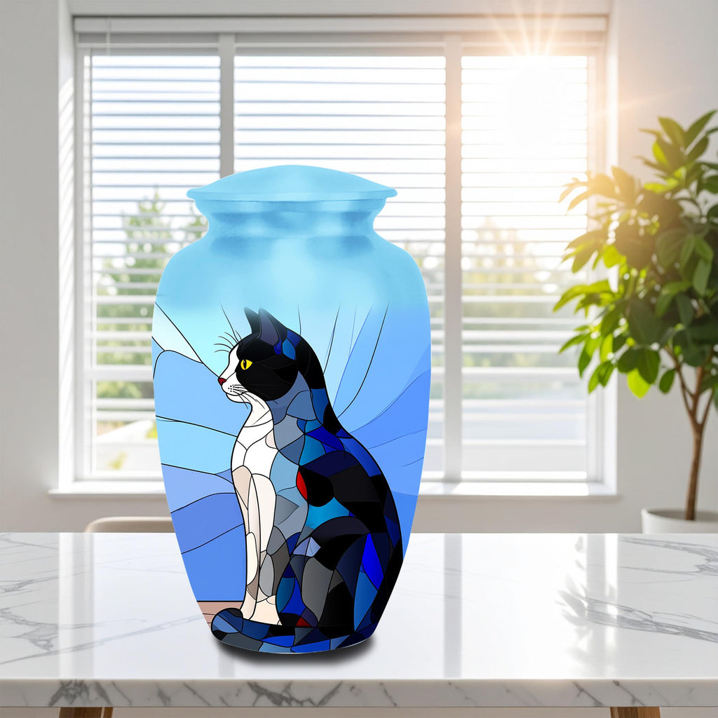stained glass black and white cat cremation urn for pet ashes, handmade aluminum memorial urn – photo 3