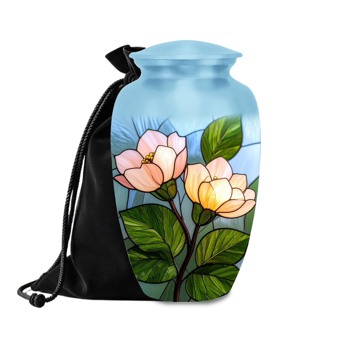 pink magnolia stained glass cremation urn for human ashes, handmade aluminum memorial urn – photo 5