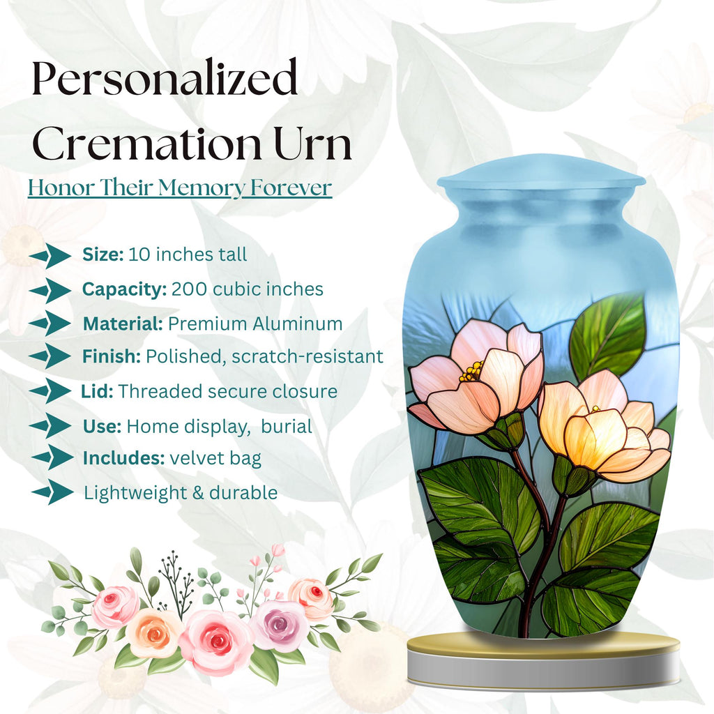 pink magnolia stained glass cremation urn for human ashes, handmade aluminum memorial urn – photo 2
