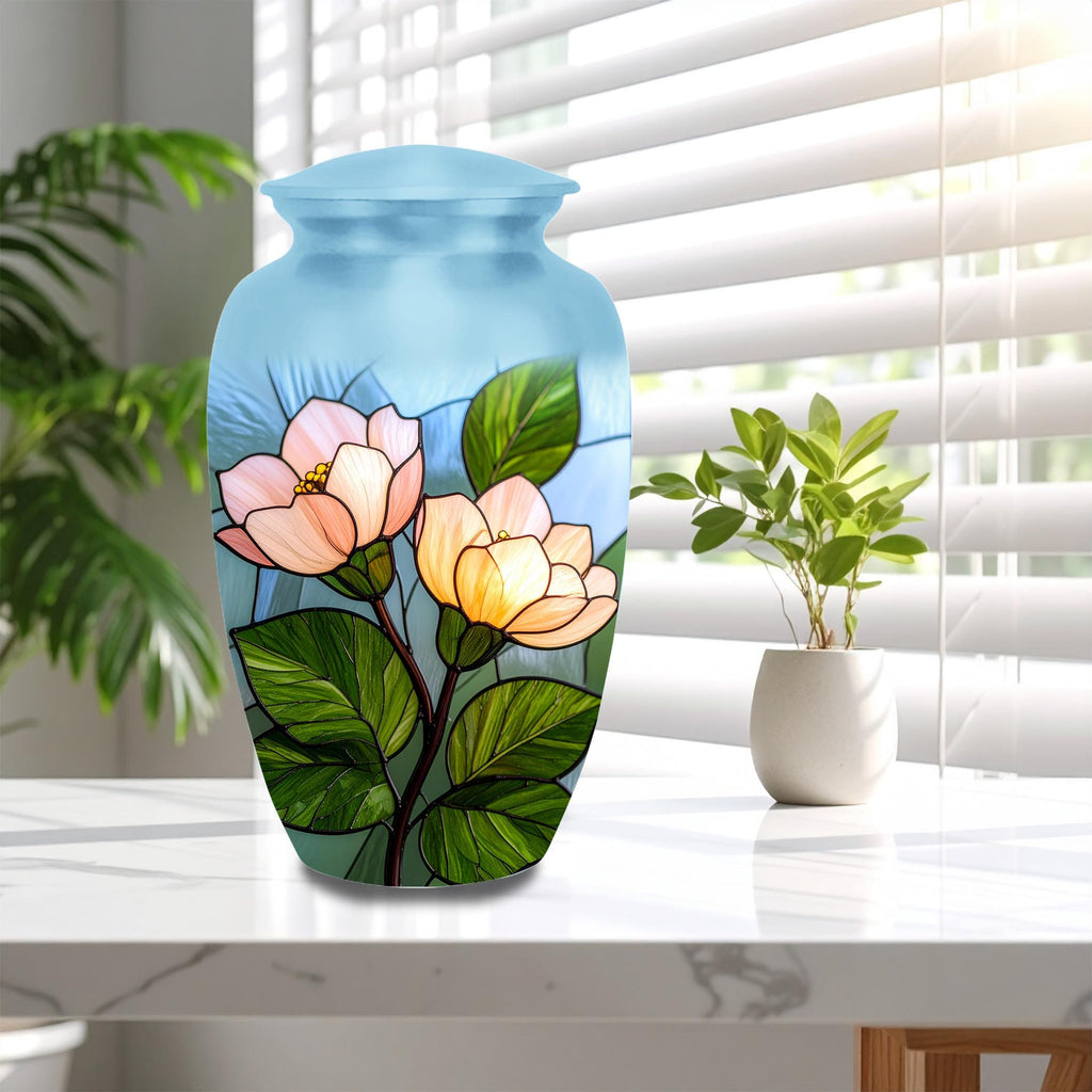 pink magnolia stained glass cremation urn for human ashes, handmade aluminum memorial urn – photo 4