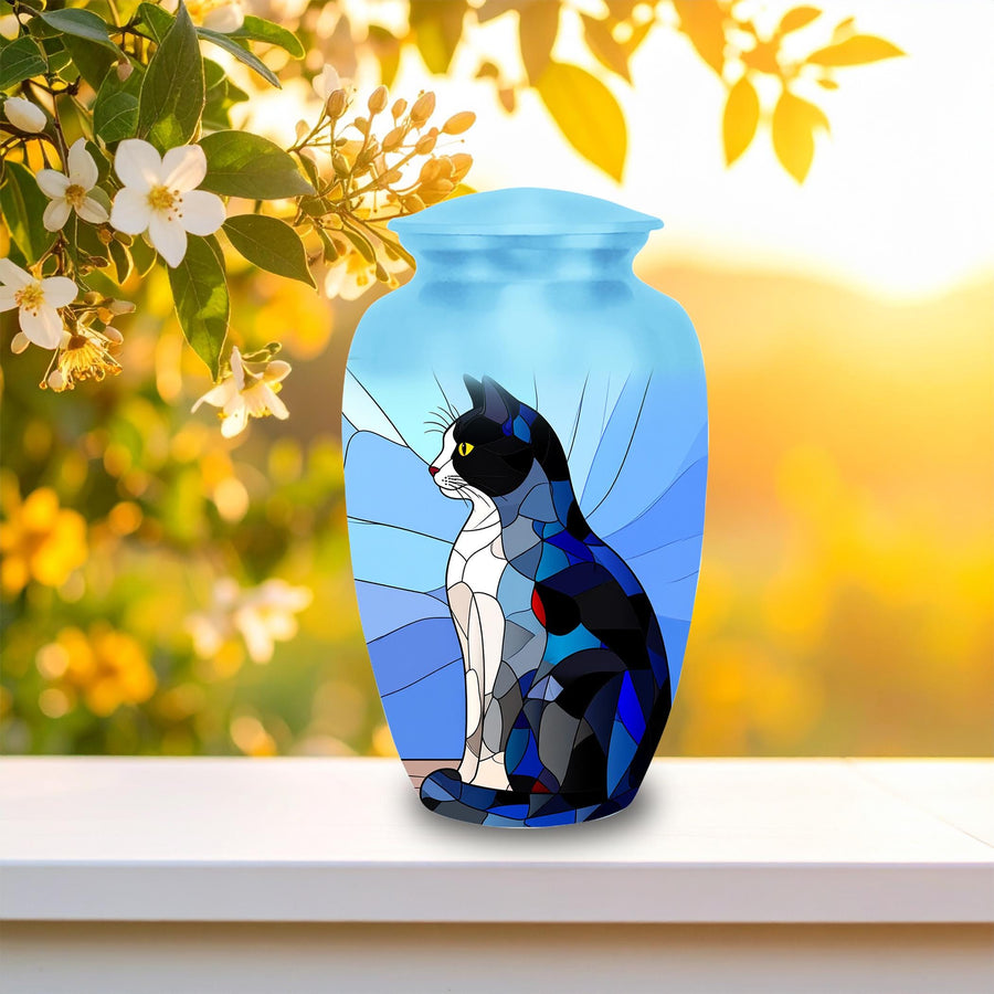 stained glass black and white cat cremation urn for pet ashes, handmade aluminum memorial urn – photo 1