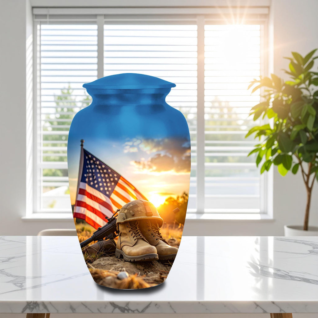 american flag military cremation urn for human ashes, handmade aluminum memorial urn – photo 3