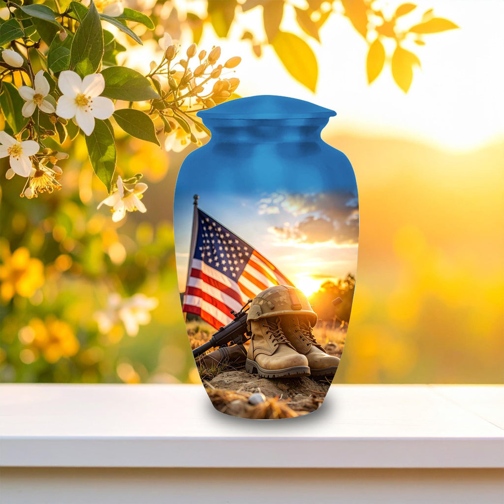 american flag military cremation urn for human ashes, handmade aluminum memorial urn – photo 4