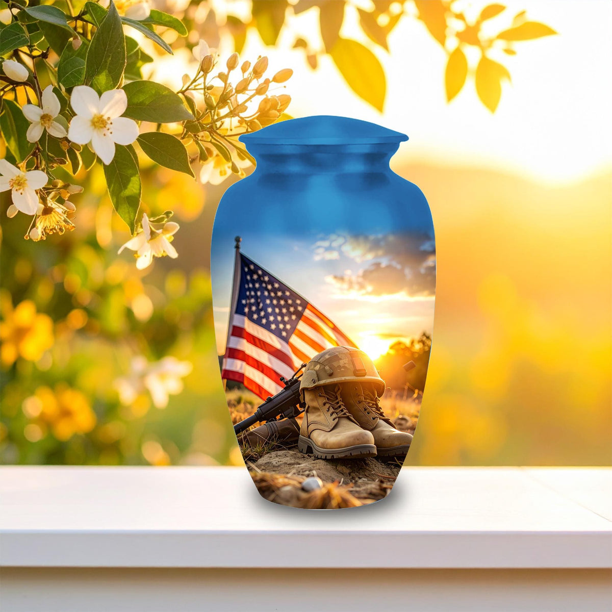 american flag military cremation urn for human ashes, handmade aluminum memorial urn – photo 4