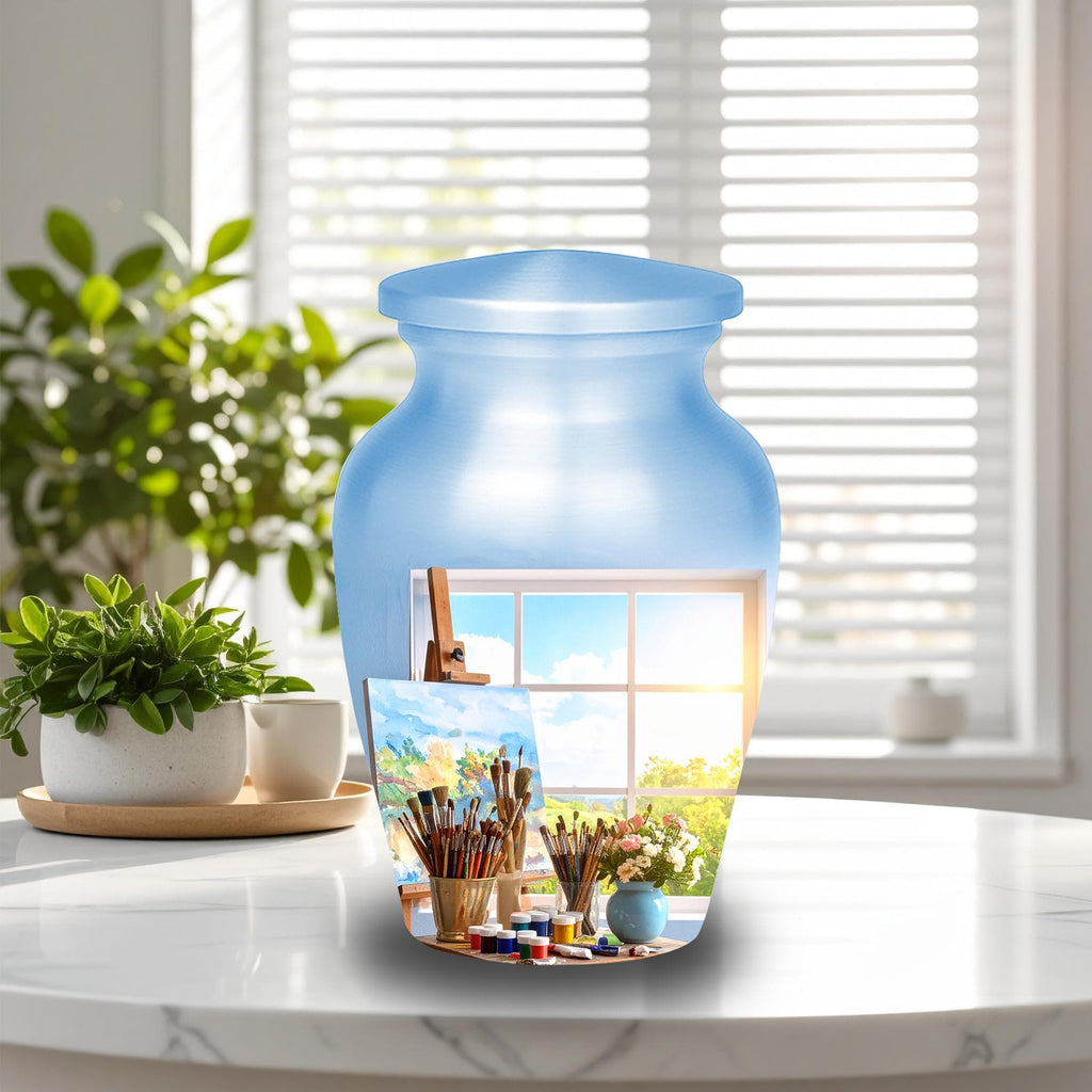 artist painter studio cremation urn for human ashes, handmade aluminum memorial urn – photo 7