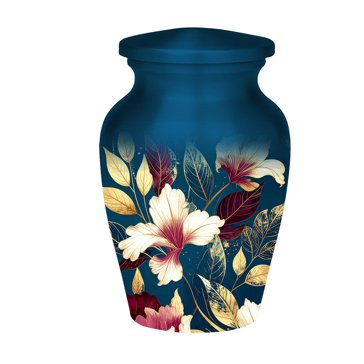 navy blue gold floral cremation urn for human ashes, handmade aluminum memorial urn – photo 6