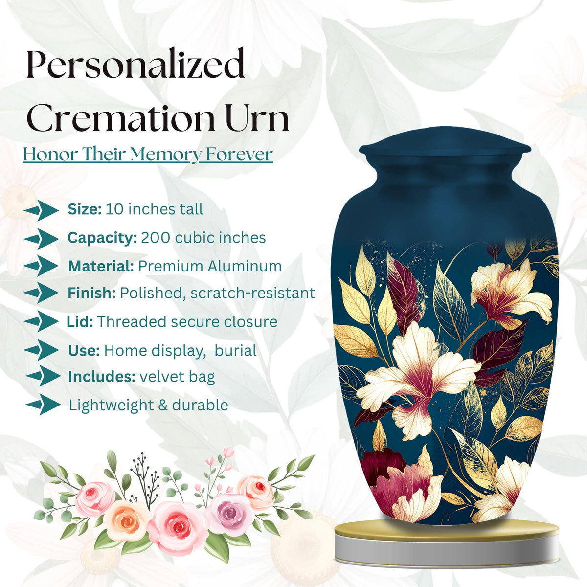 navy blue gold floral cremation urn for human ashes, handmade aluminum memorial urn – photo 2