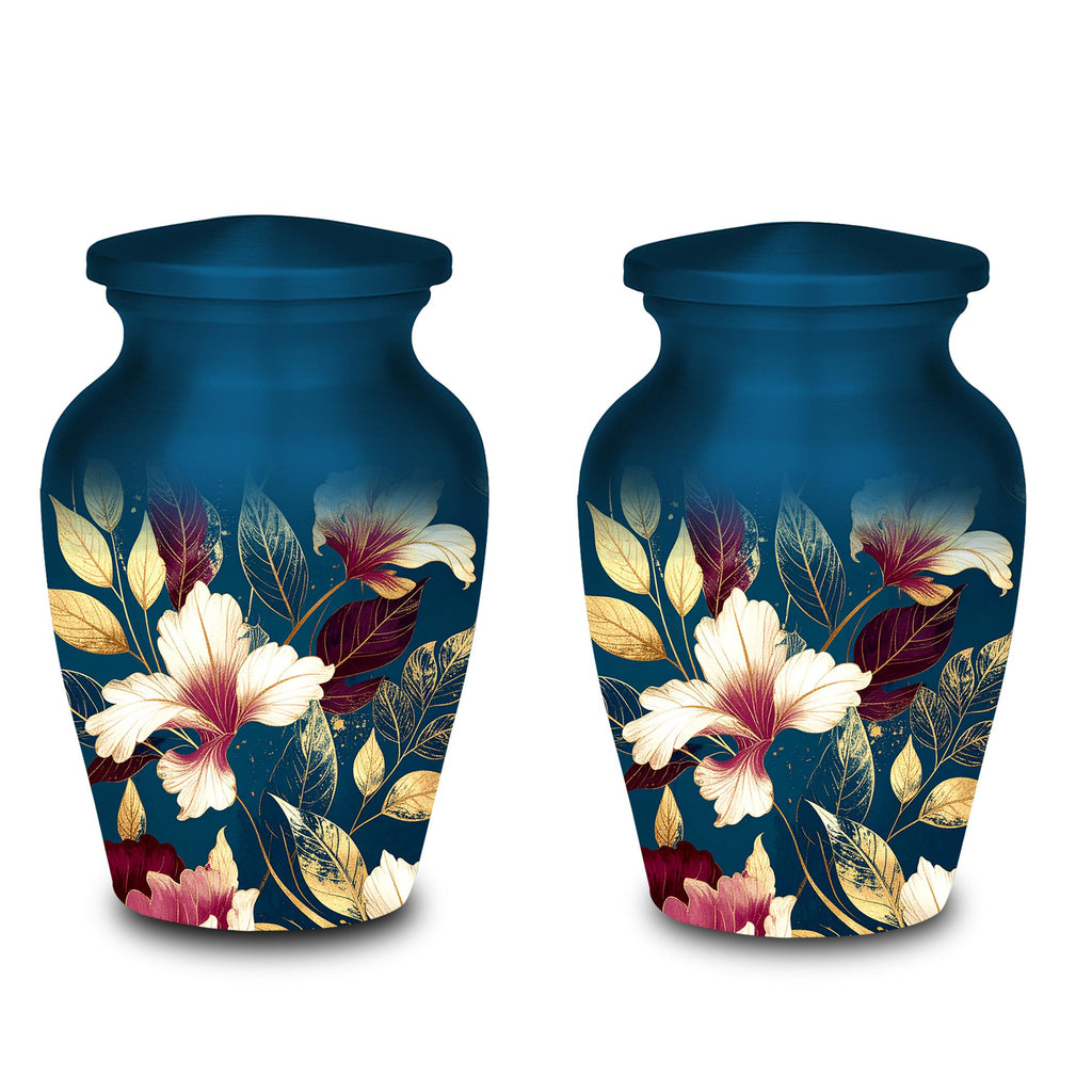 navy blue gold floral cremation urn for human ashes, handmade aluminum memorial urn – photo 8