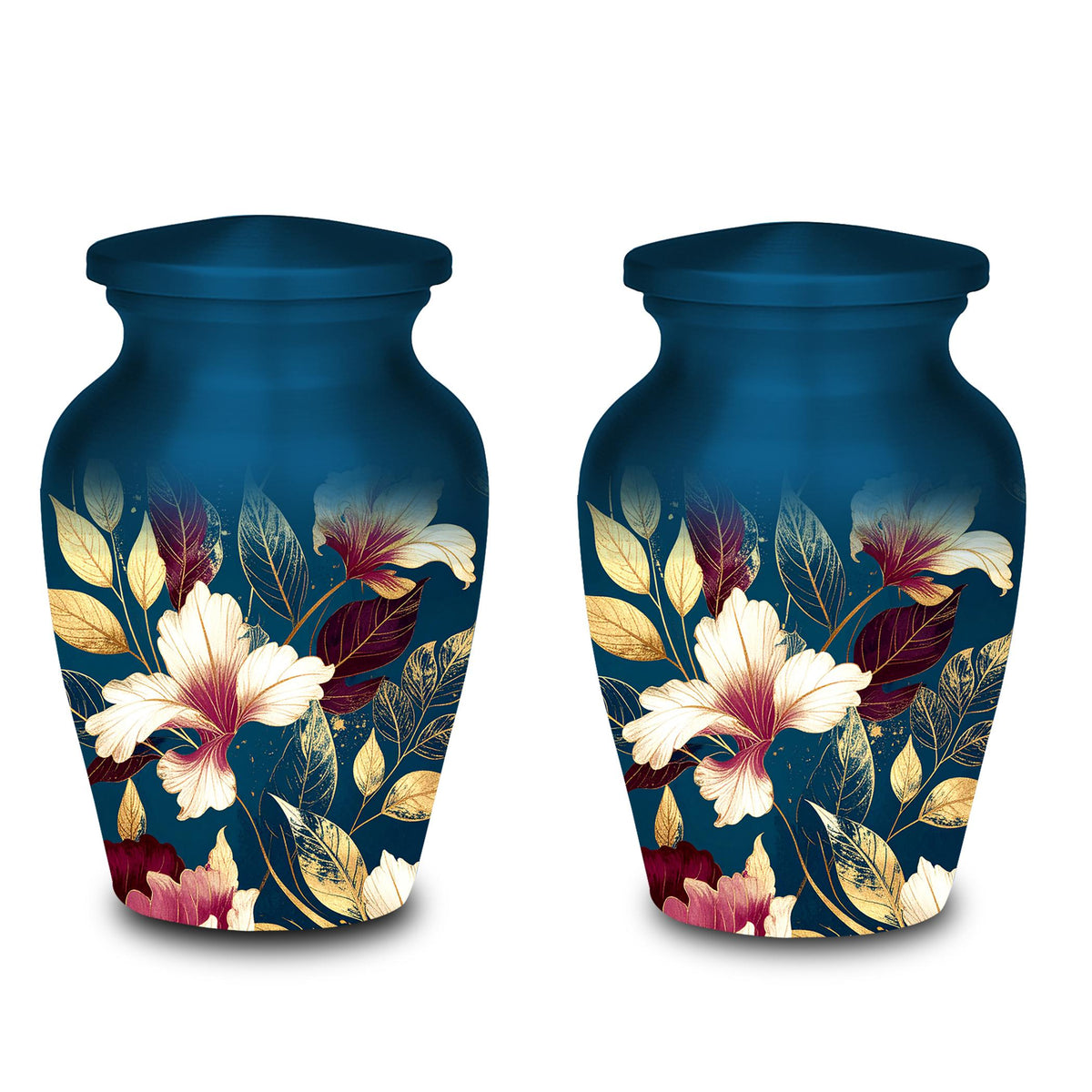 navy blue gold floral cremation urn for human ashes, handmade aluminum memorial urn – photo 8