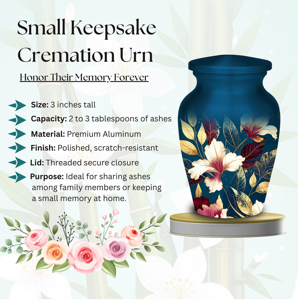 navy blue gold floral cremation urn for human ashes, handmade aluminum memorial urn – photo 7