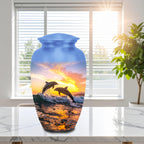 dolphin ocean sunset cremation urn for human ashes, handmade aluminum memorial urn – photo 1