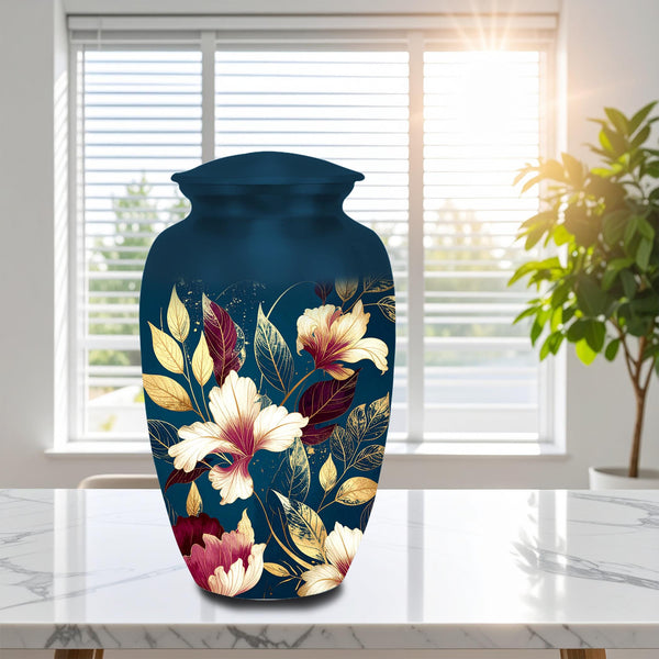 navy blue gold floral cremation urn for human ashes, handmade aluminum memorial urn – photo 1