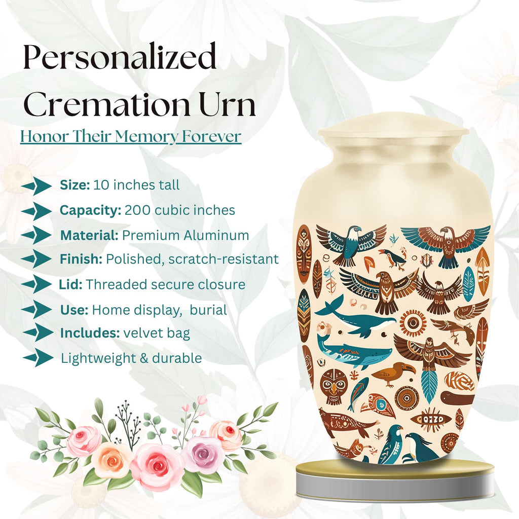 tribal bird feather cremation urn for human ashes, handmade aluminum memorial urn – photo 3