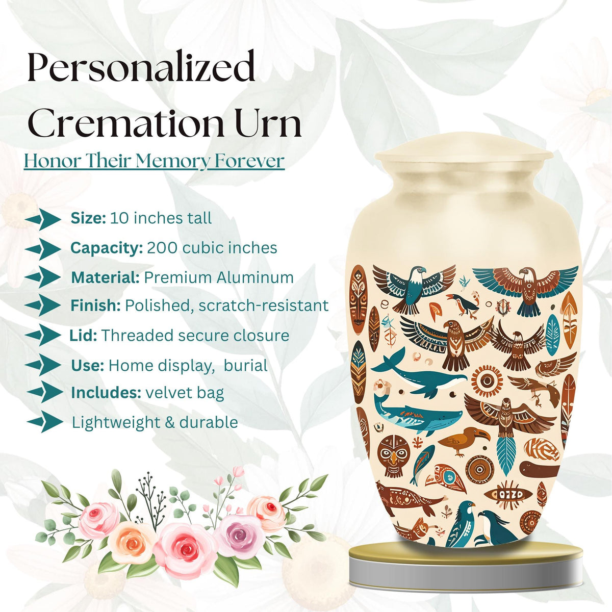 tribal bird feather cremation urn for human ashes, handmade aluminum memorial urn – photo 3