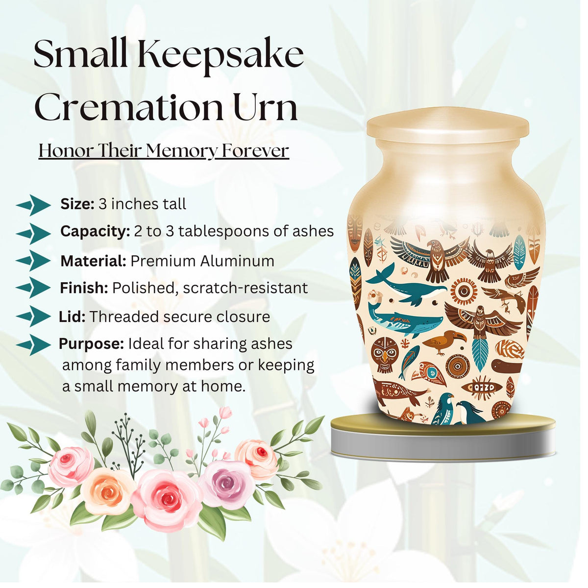 tribal bird feather cremation urn for human ashes, handmade aluminum memorial urn – photo 7
