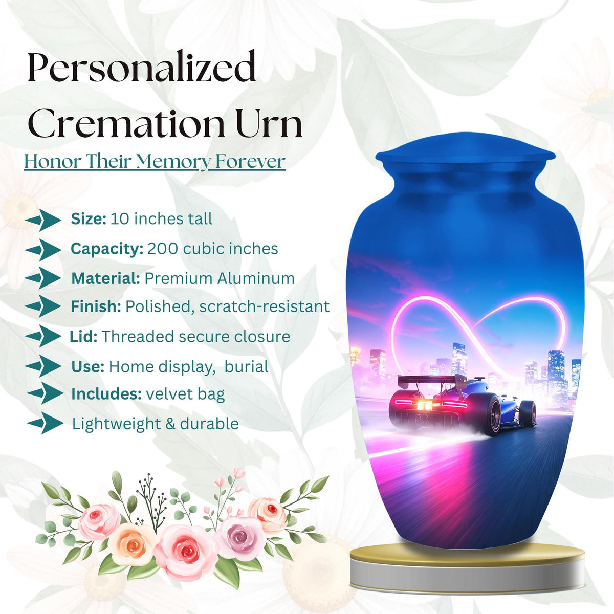 blue racing car cremation urn for human ashes, handmade aluminum memorial urn – photo 2