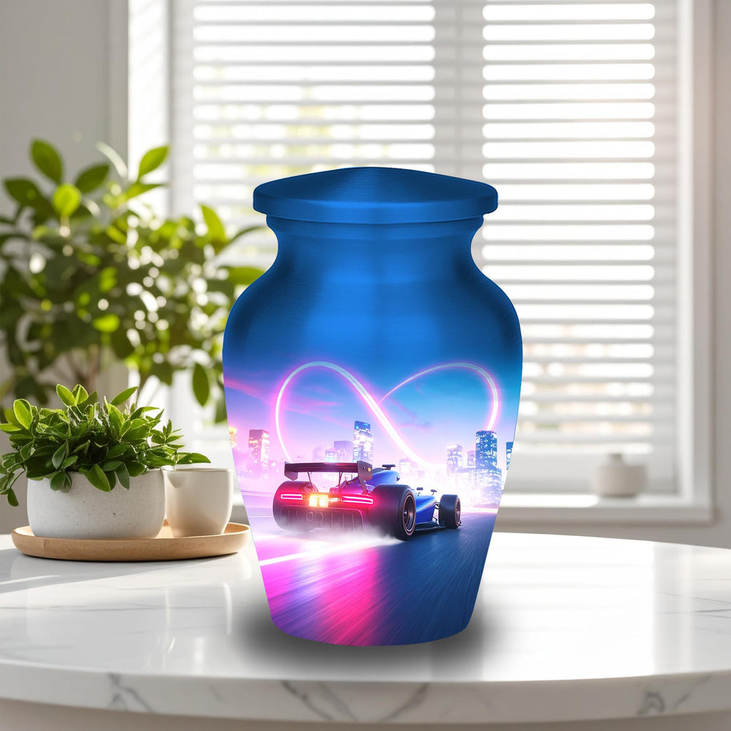 blue racing car cremation urn for human ashes, handmade aluminum memorial urn – photo 5