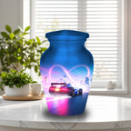 blue racing car cremation urn for human ashes, handmade aluminum memorial urn – photo 5