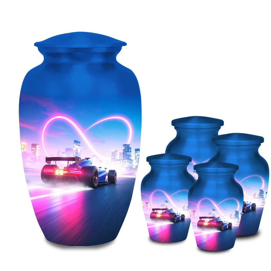 blue racing car cremation urn for human ashes, handmade aluminum memorial urn – photo 9