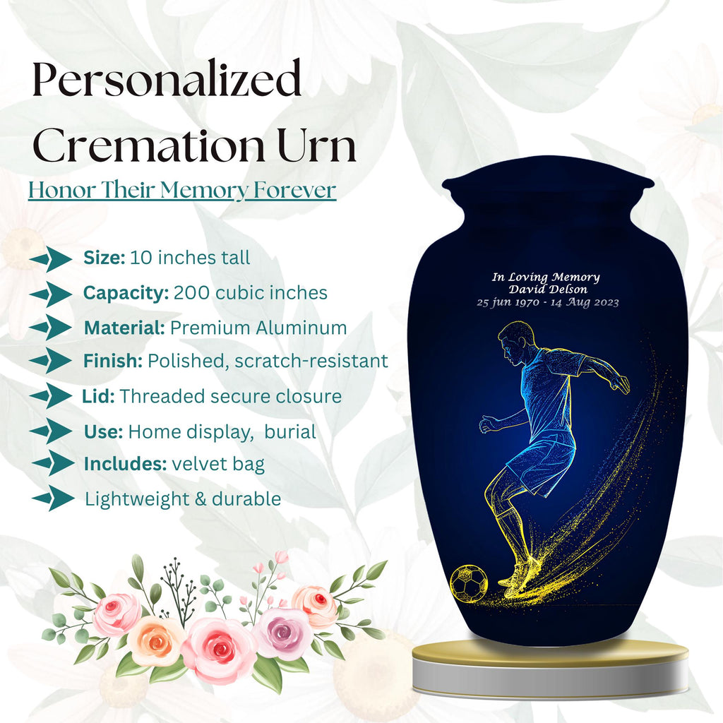 soccer player cremation urn for human ashes, handmade aluminum memorial urn – photo 3