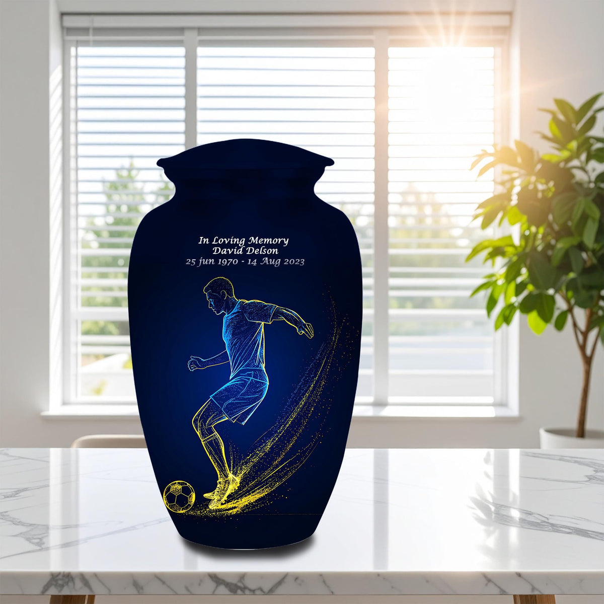 soccer player cremation urn for human ashes, handmade aluminum memorial urn – photo 2