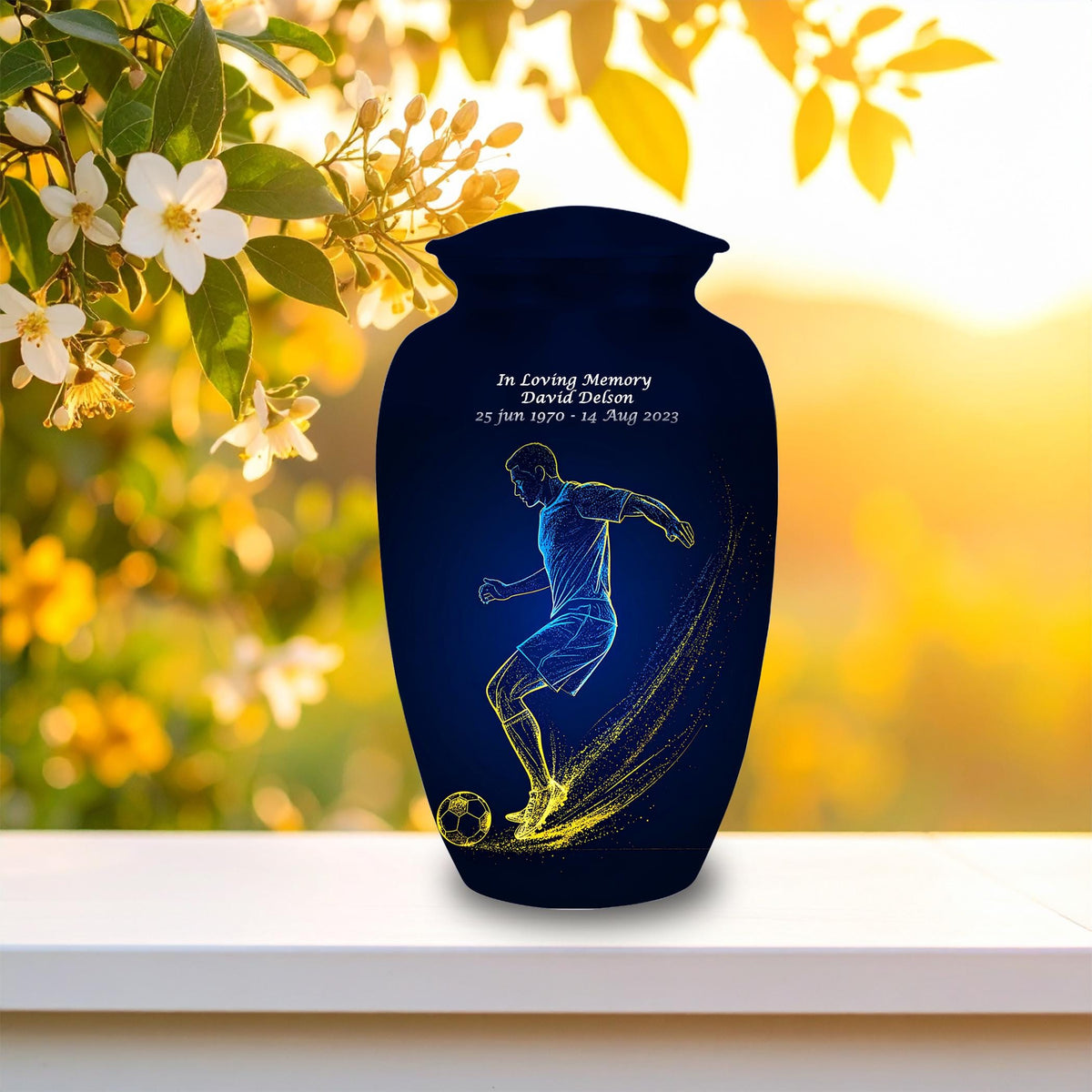 soccer player cremation urn for human ashes, handmade aluminum memorial urn – photo 4
