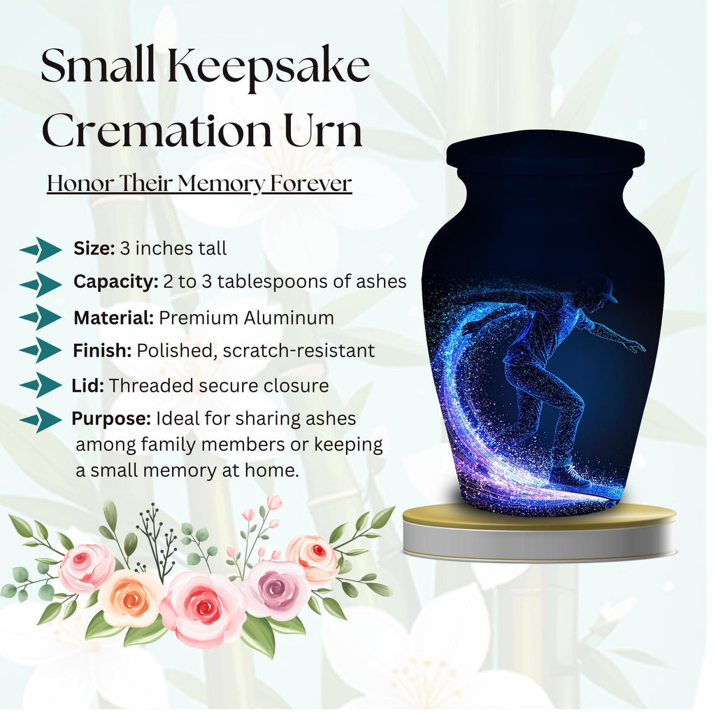 blue neon skateboard cremation urn for human ashes, handmade aluminum memorial urn – photo 6