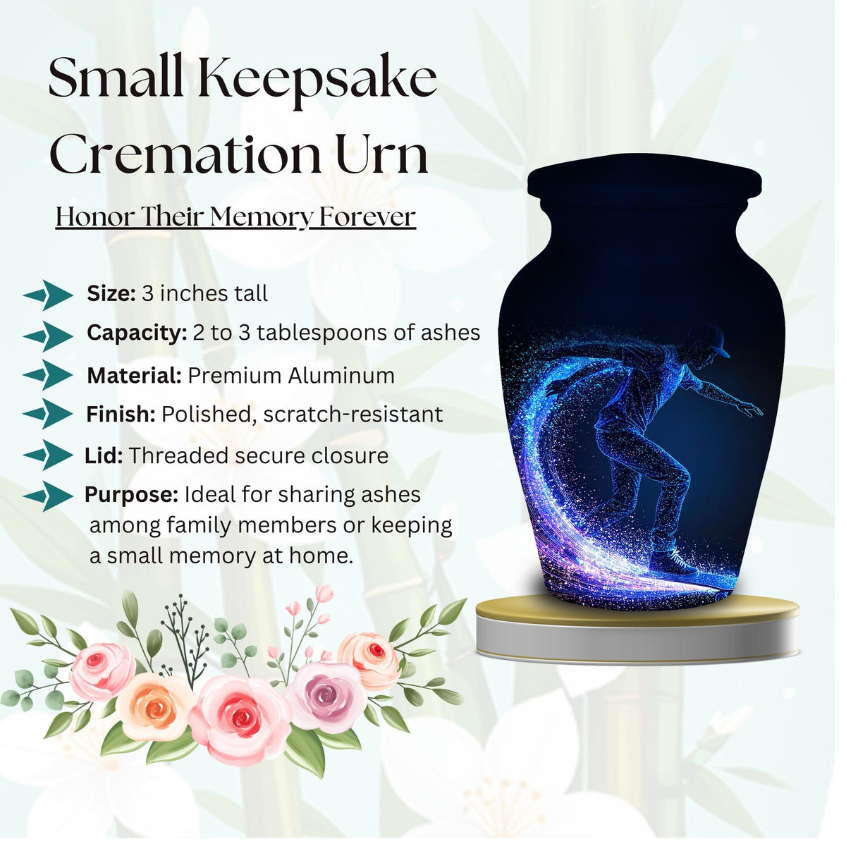 blue neon skateboard cremation urn for human ashes, handmade aluminum memorial urn – photo 6