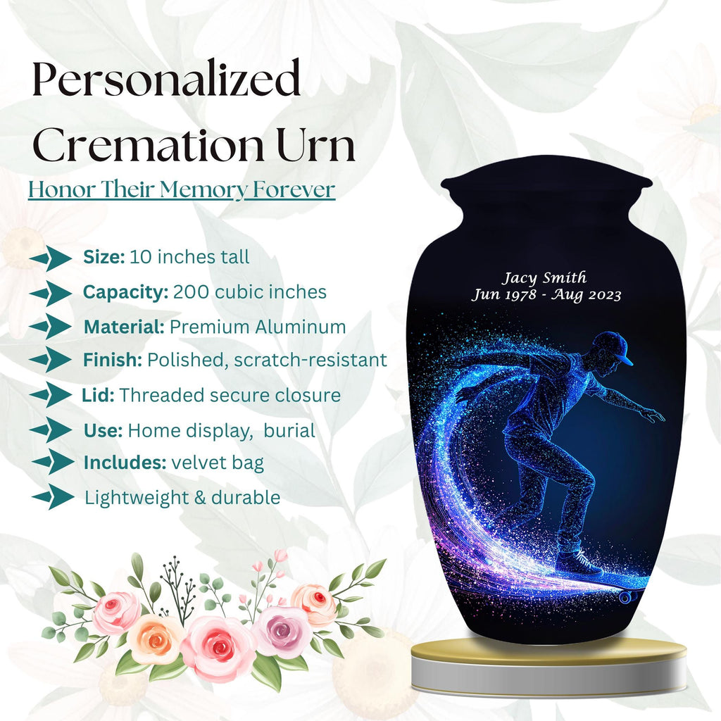 blue neon skateboard cremation urn for human ashes, handmade aluminum memorial urn – photo 2