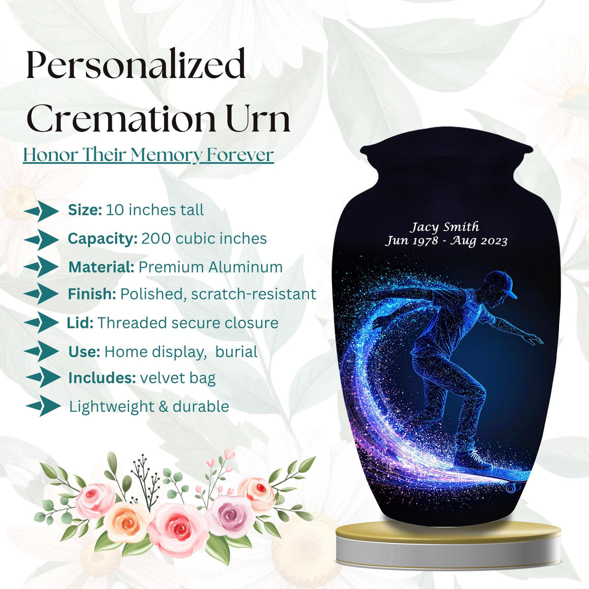 blue neon skateboard cremation urn for human ashes, handmade aluminum memorial urn – photo 2