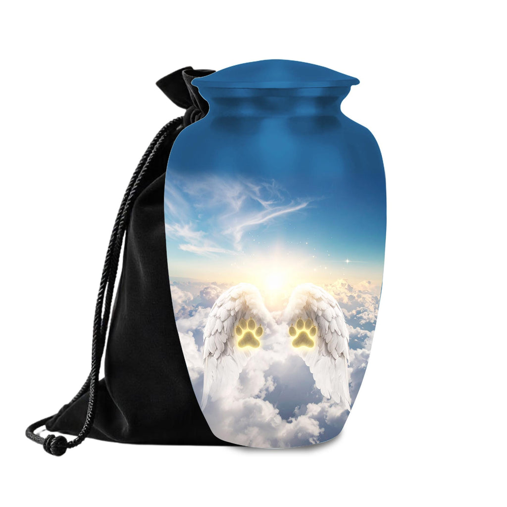 angel wings paw prints cremation urn for pet ashes, handmade aluminum memorial urn – photo 3