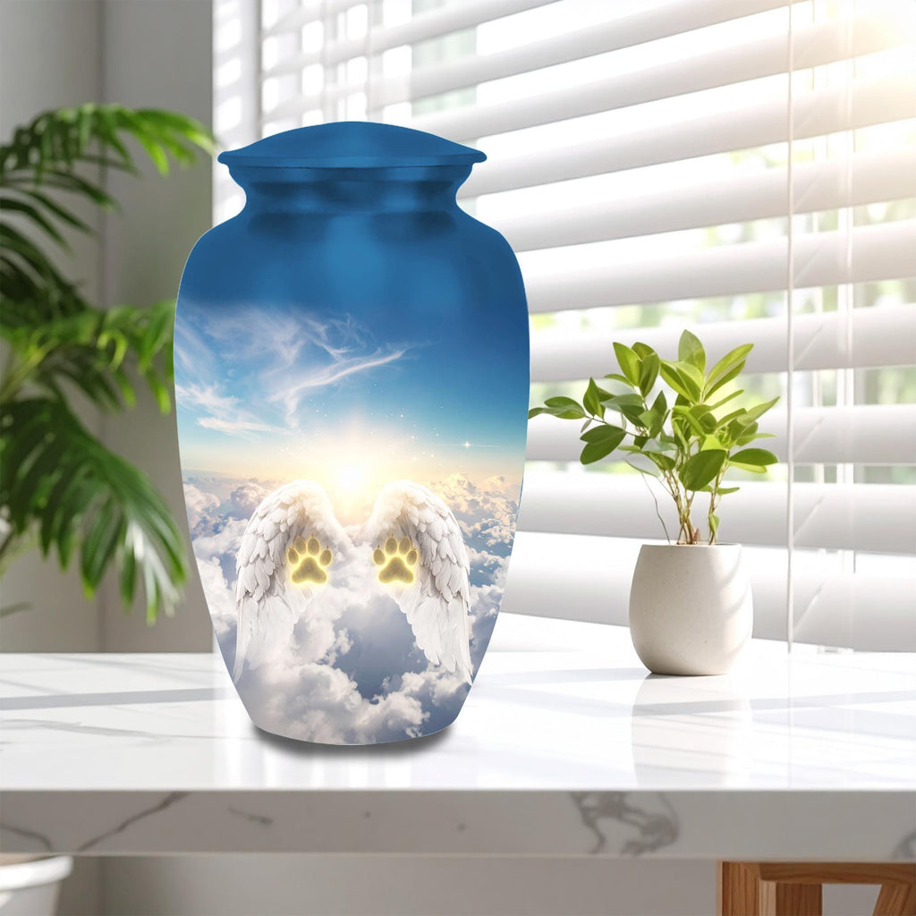 angel wings paw prints cremation urn for pet ashes, handmade aluminum memorial urn – photo 10