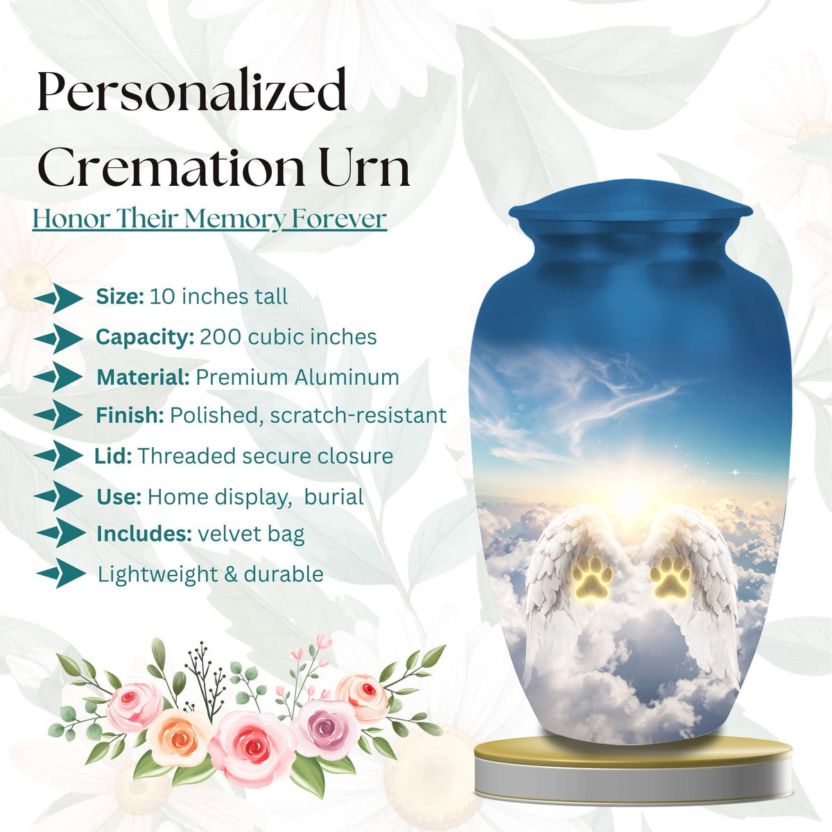 angel wings paw prints cremation urn for pet ashes, handmade aluminum memorial urn – photo 4