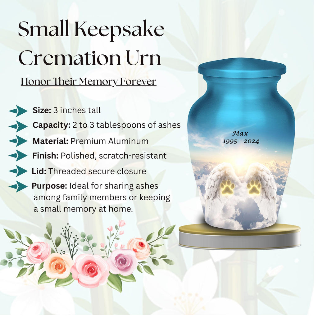 angel wings paw prints cremation urn for pet ashes, handmade aluminum memorial urn – photo 2